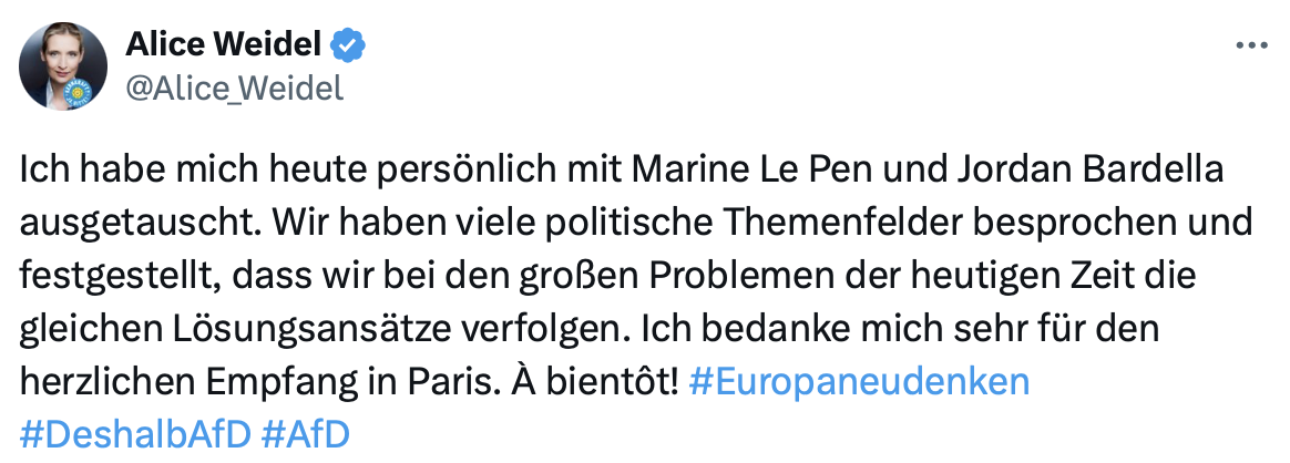la co-présidente de l'AfD après sa rencontre avec Marine Le Pen et Jordan Bardella à Paris