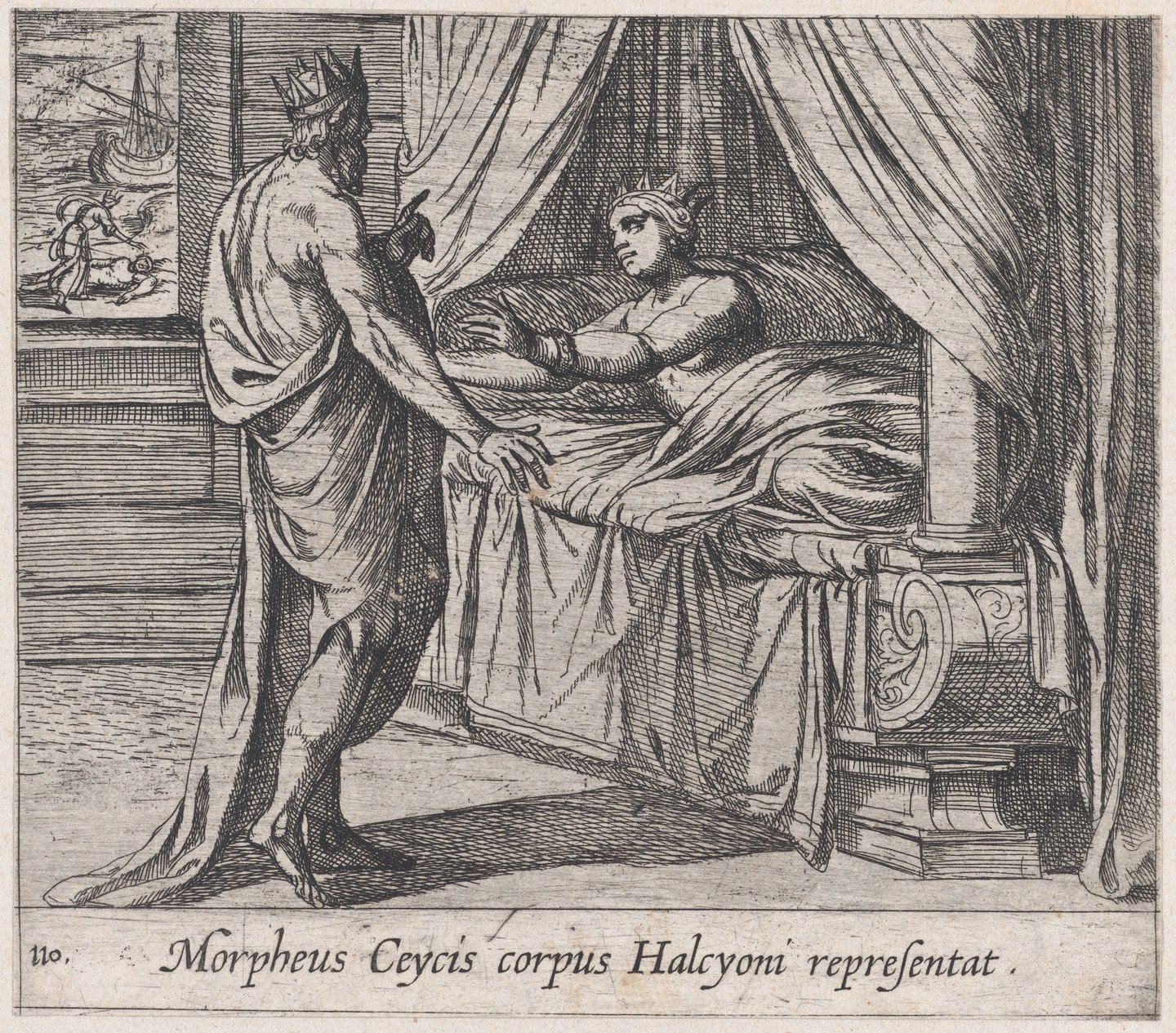 Morphée en Céyx, apparaissant à Alcyoné, gravure de Antonio Tempesta (1606)