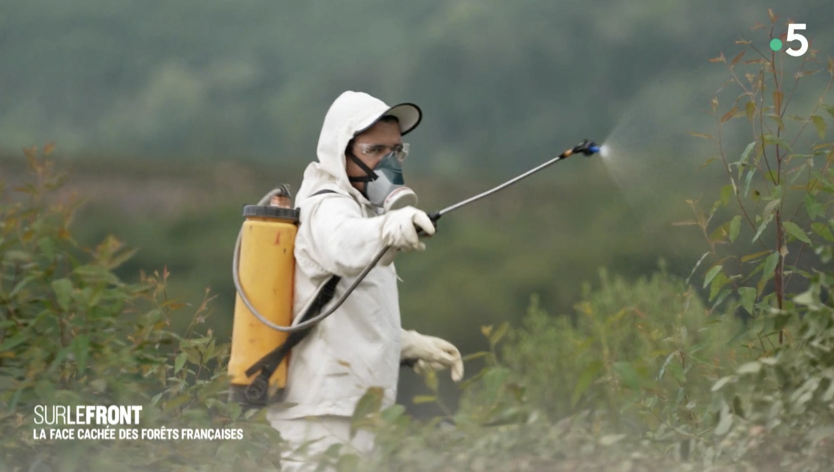 Un ouvrier brésilien épand du glyphosate entre les rangées d'arbres pour tuer toutes les autres plantes. (image Sur le front, Winter Productions)