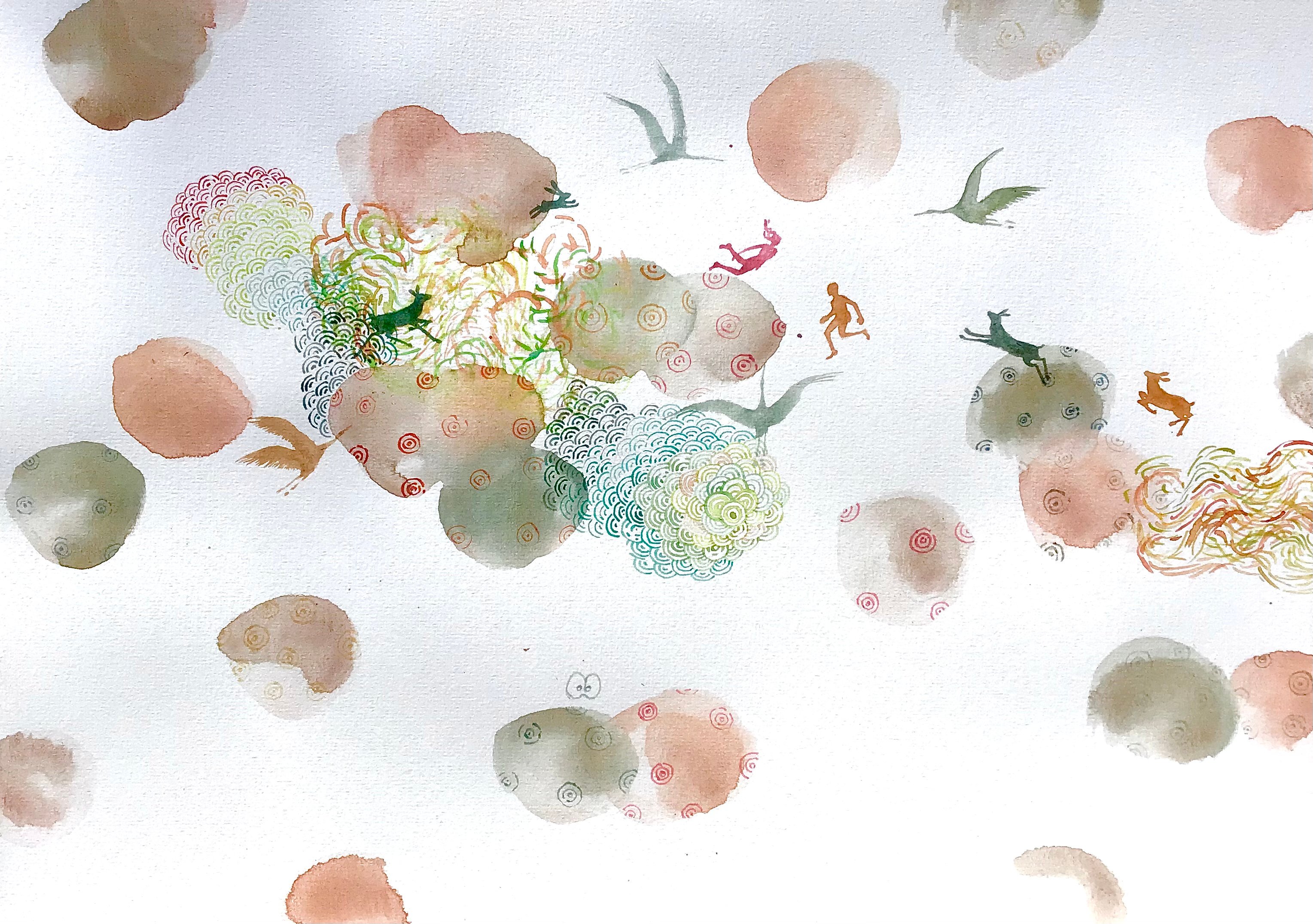 D’un espace à un autre, d’un être à un autre, nous vivons.           Aquarelle sur papier.           29,7/42 cm.           2024