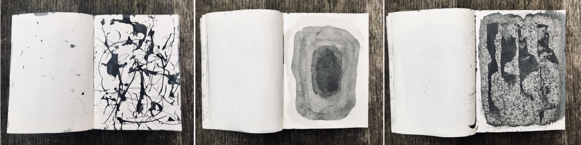 Les méditations sont une série de 162 encres peintes sur la maquette en blanc d'un livre. Chacune se propose d'être un support à méditation.