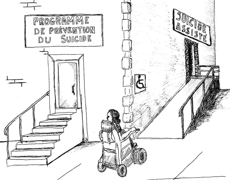 Source : TV/NDY Un utilisateur de fauteuil roulant remarque que le bureau du Programme de prévention du suicide est inaccessible, alors que le bureau de l'organisation d'aide au suicide a une rampe pour fauteuil roulant.