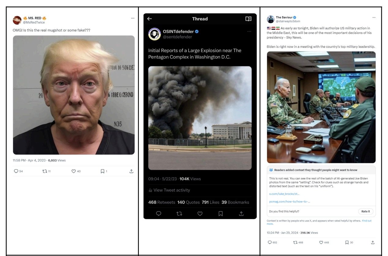 Trois images générées avec l’IA pour un objectif de désinformations (source : Center for Countering Digital Hate)
