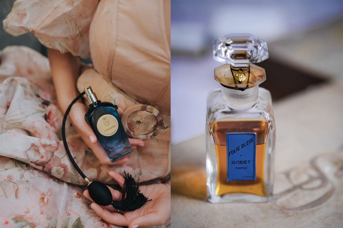 À gauche, fragrance sur mesure pour Le Negresco. À droite, archive Godet © DR
