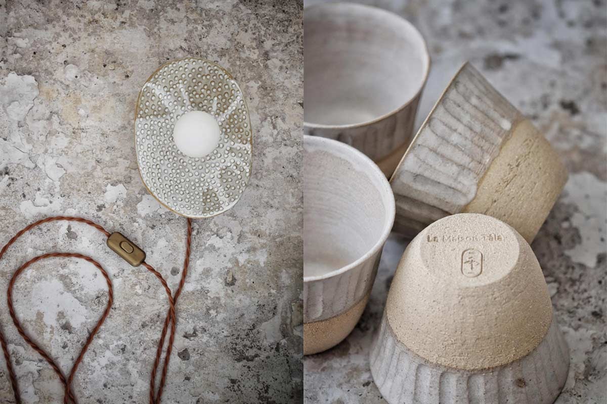 Luminaire et tasses à café en grès, La Maison Tâla © DR