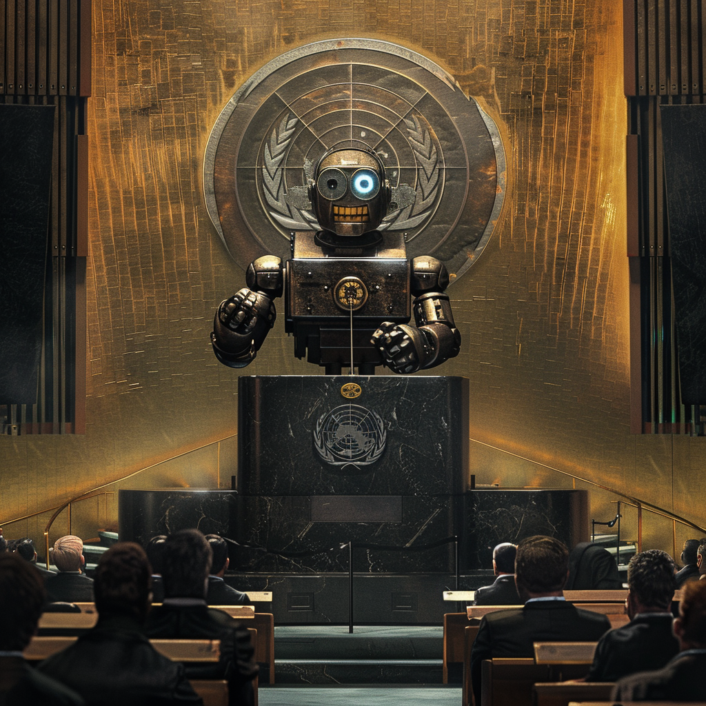“Le robot s’exprime devant les Nations Unies” (Qant, M. de R. avec Midjourney)