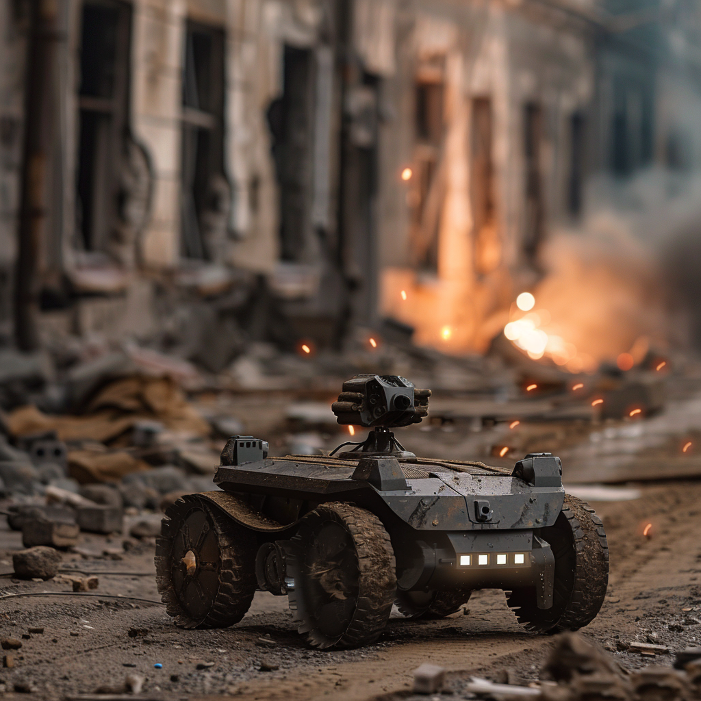 “Un robot autonome évolue sur le champ de bataille” (Qant, M. de R. avec Midjourney)