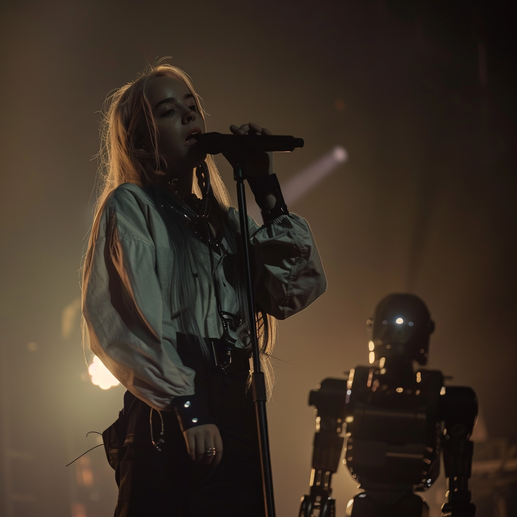 “Bilie Eilish chante sous l’oeil du robot” (Qant, M. de R. avec Midjourney)