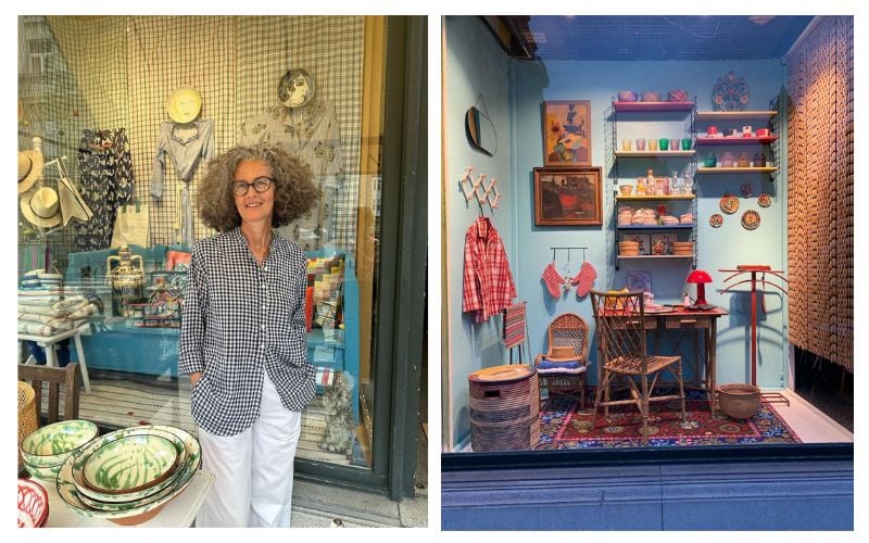 Pascale Michel devant sa boutique Scènes de Ménage à Bruxelles 