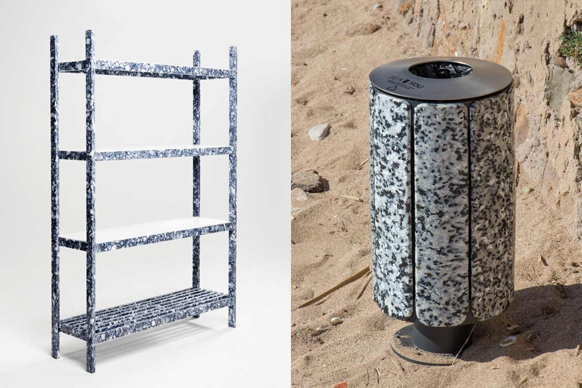 Étagère Dapple et mobilier urbain Sea You en PEHD recyclé de Plastic & Fils © Dylan Casanova