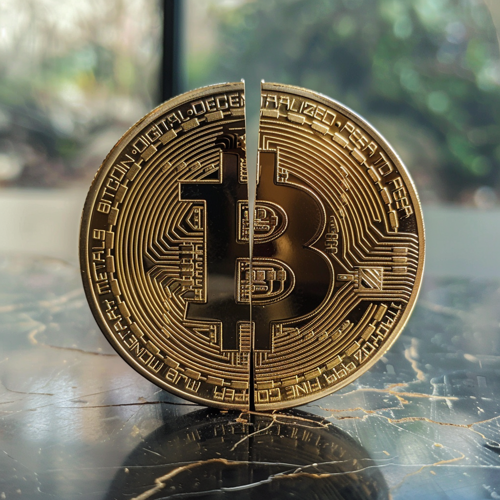 “Le bitcoin coupé en deux” (Qant, M. de R. avec Midjourney)