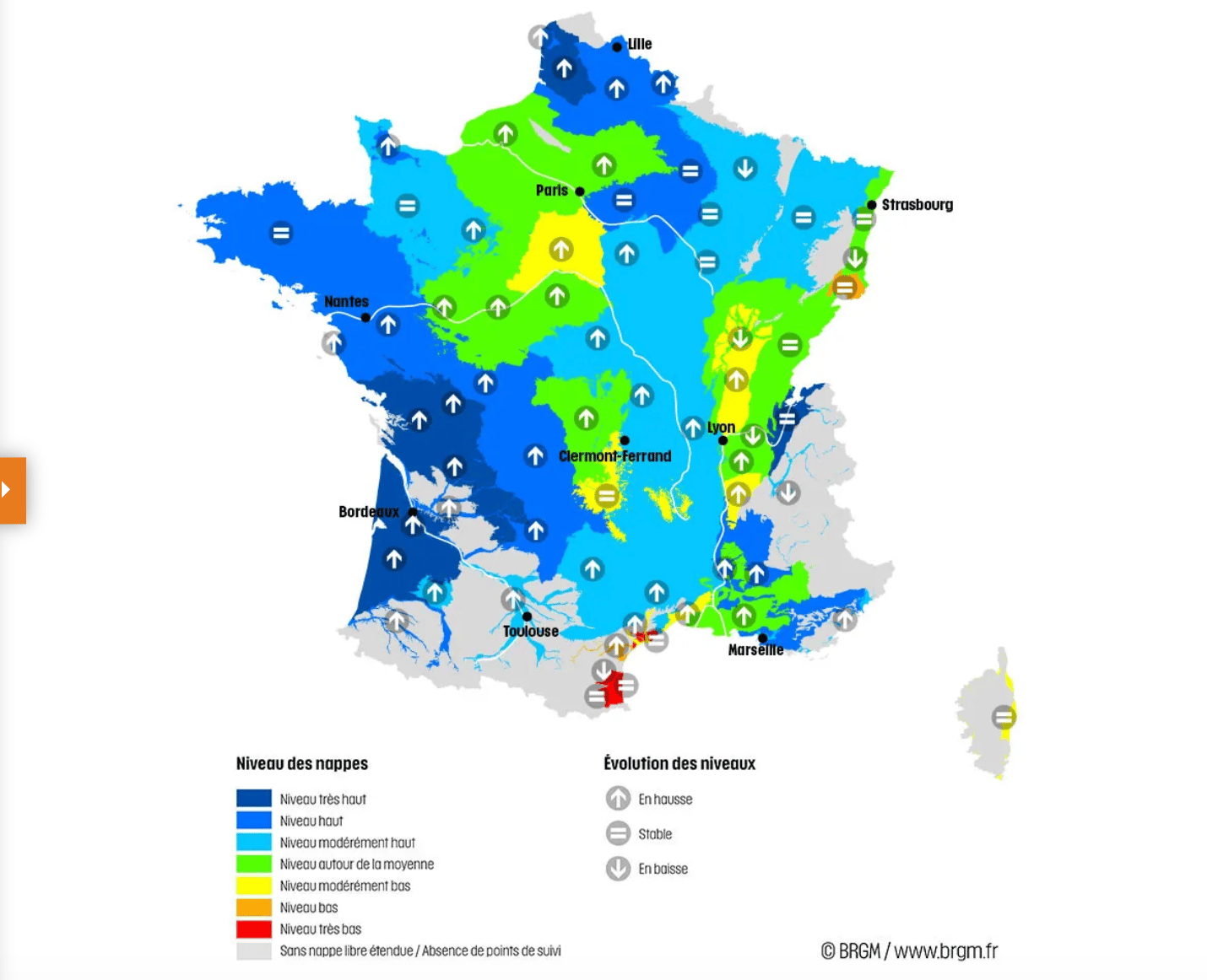 La situation des nappes phréatiques au 1er avril 2024. (carte BRGM)