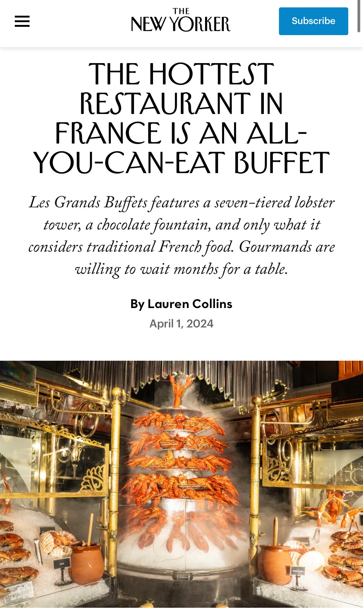 Capture d'écran de l'article du New Yorker sur les Grands Buffets