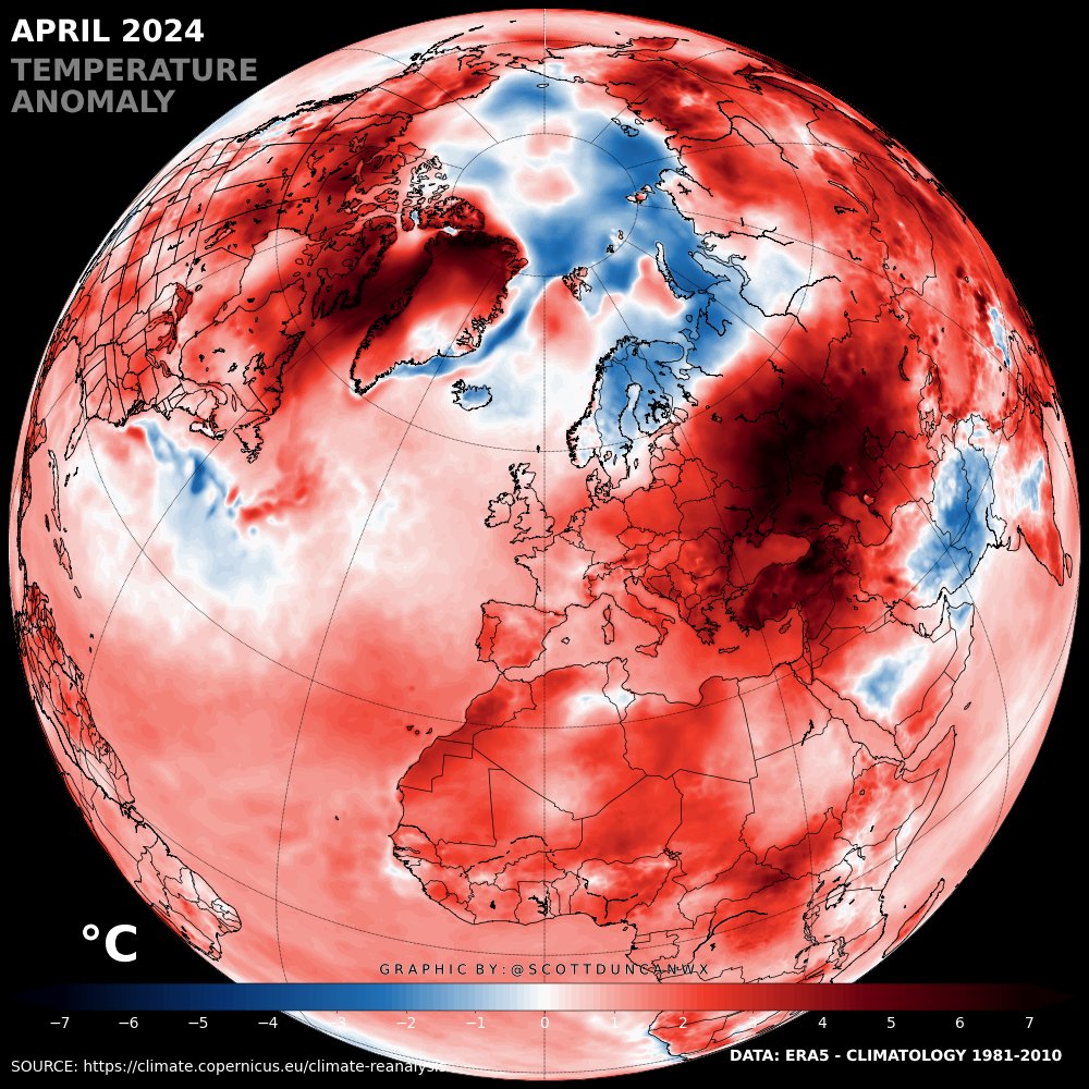 Le mois d'avril 2024 a battu un nouveau record mensuel de chaleur. (image observatoire Copernicus)