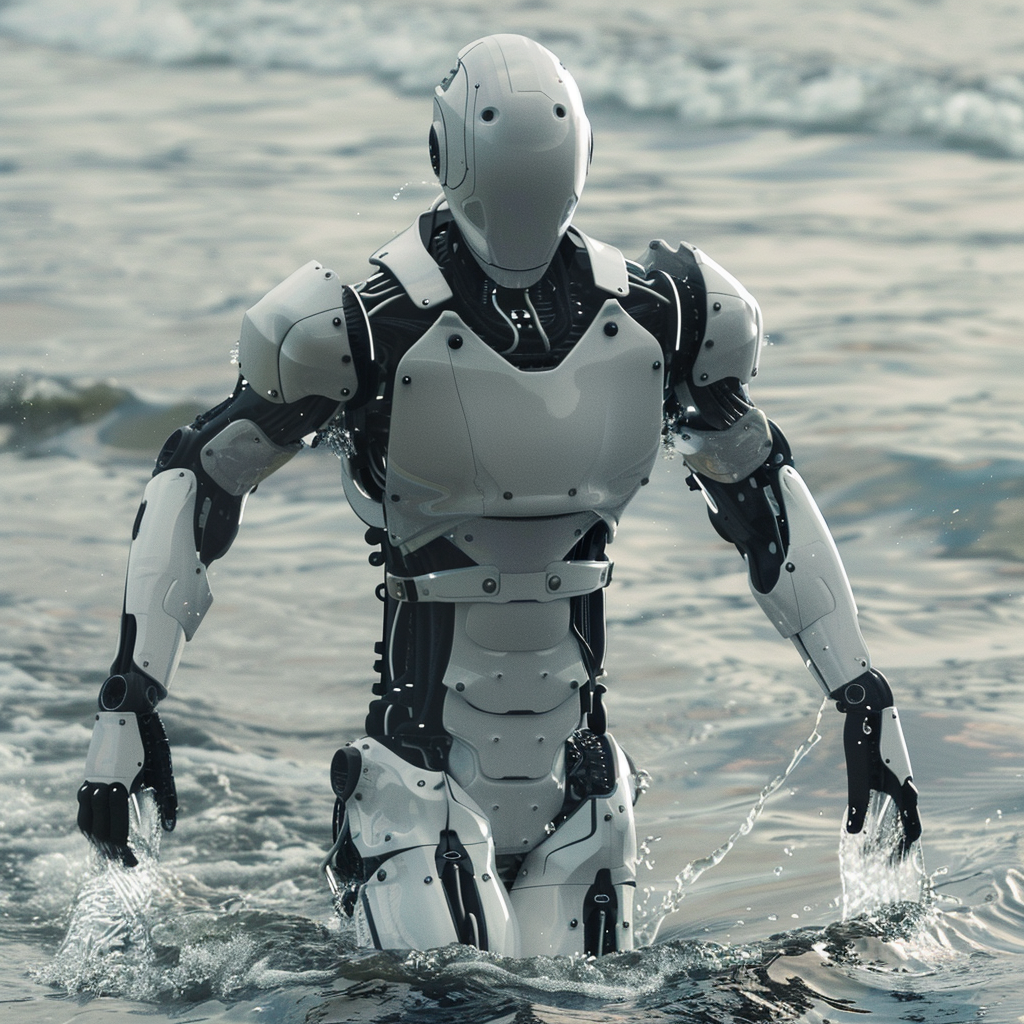 “Un nouveau robot sort de l’eau”( Qant, M. de R. avec Midjourney)