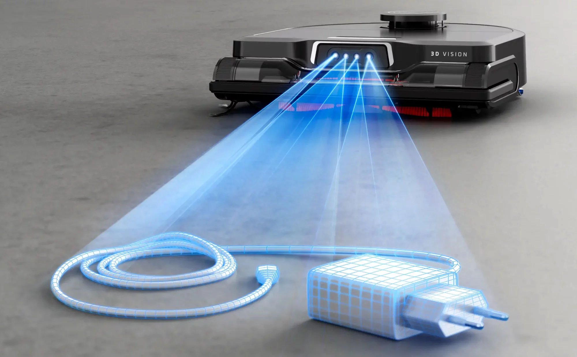 Le robot aspirateur navigue intelligemment et détecte les obstacles à l’aide de la vision Expert 3D et au LiDar sur le dessus.