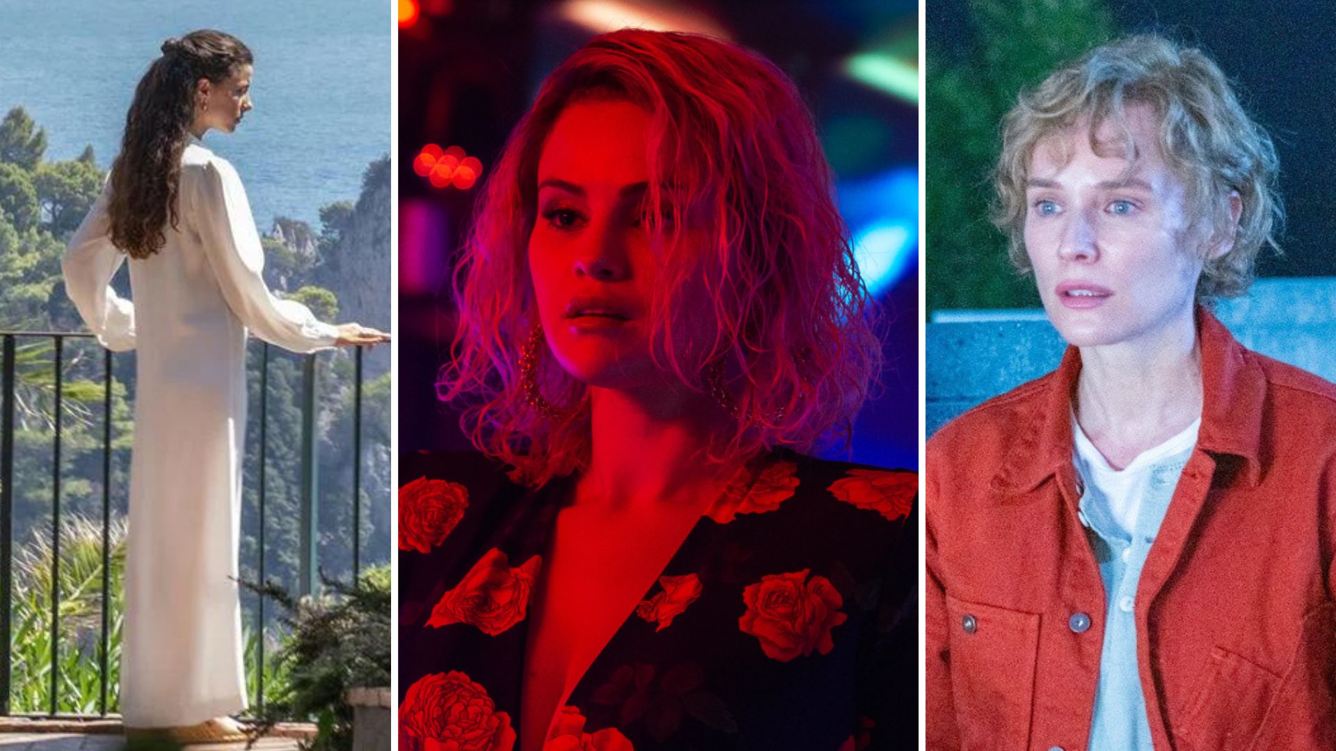 Trois films co-produits par Saint Laurent Production (Kering).De g. à dr. Parthenope de Paolo Sorrentino, Emilia Perez de Jacques Audiard, Les linceuls de David Cronenberg