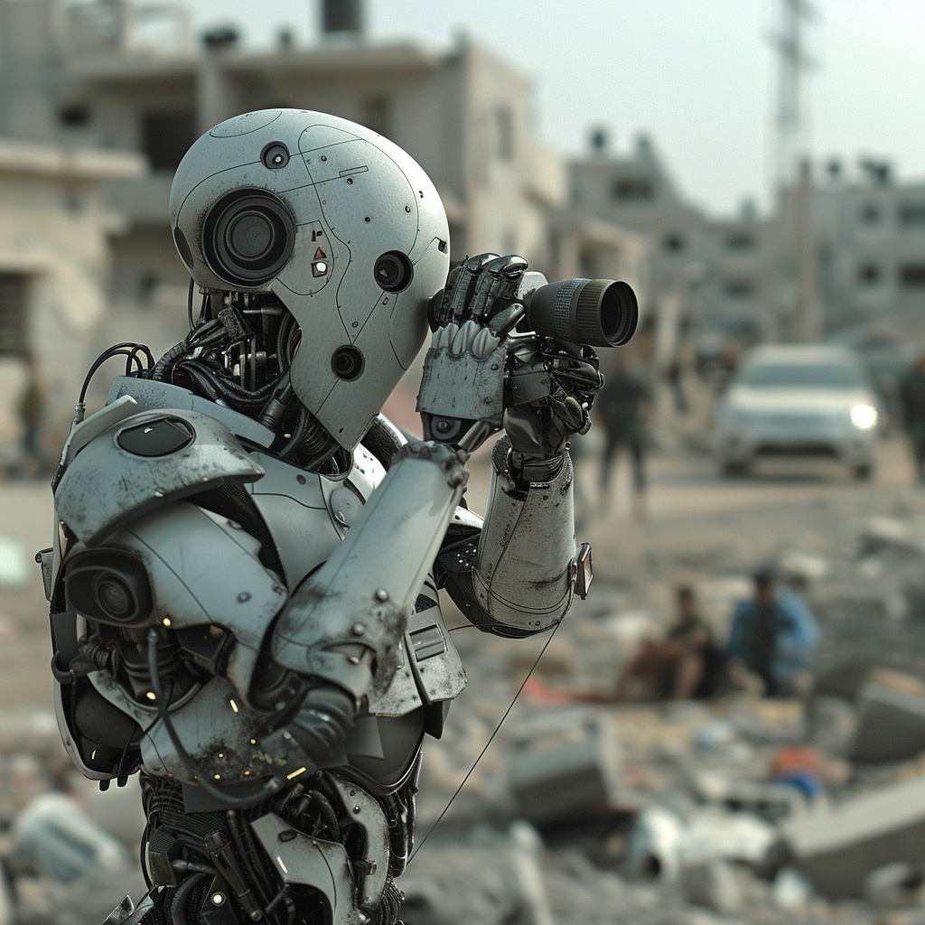 “Le robot prend des photos à Gaza” (Qant, M. de R. avec Midjourney)