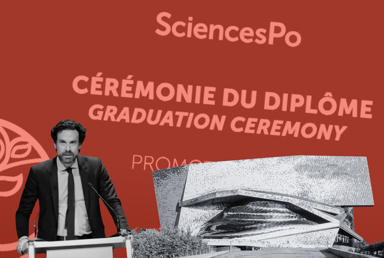 En 2022, Mathias Vicherat, directeur de Sciences Po Paris à l'époque, présidait la cérémonie. (Captures d'écran YouTube/Sciences Po - Montage : Hugo Coignard)