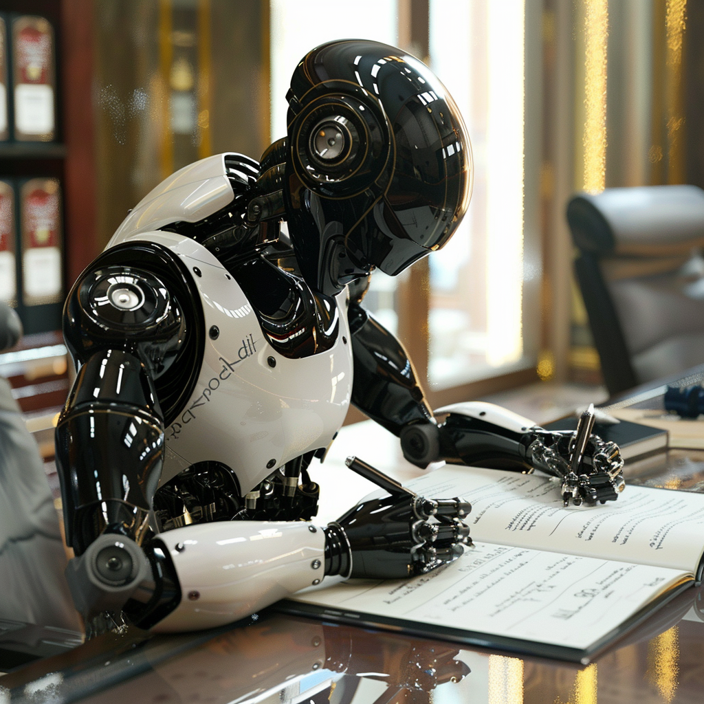 “Le robot s’attelle à rédiger un contrat” (Qant, M. de R. avec Midjourney)