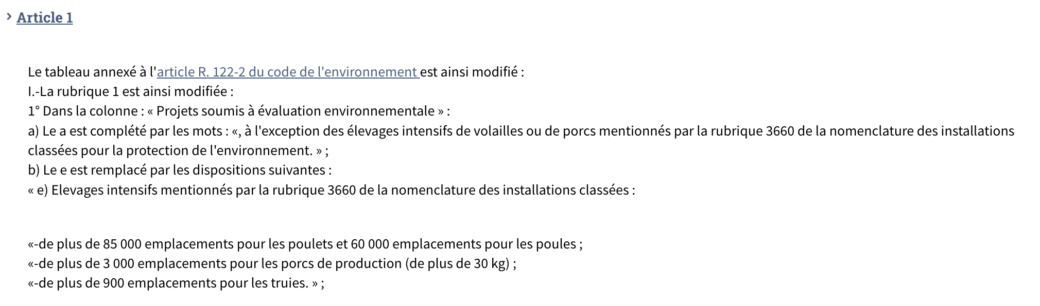 L'article 1 du décret 2024-529, qui facilite l'installation des fermes-usines en France. 