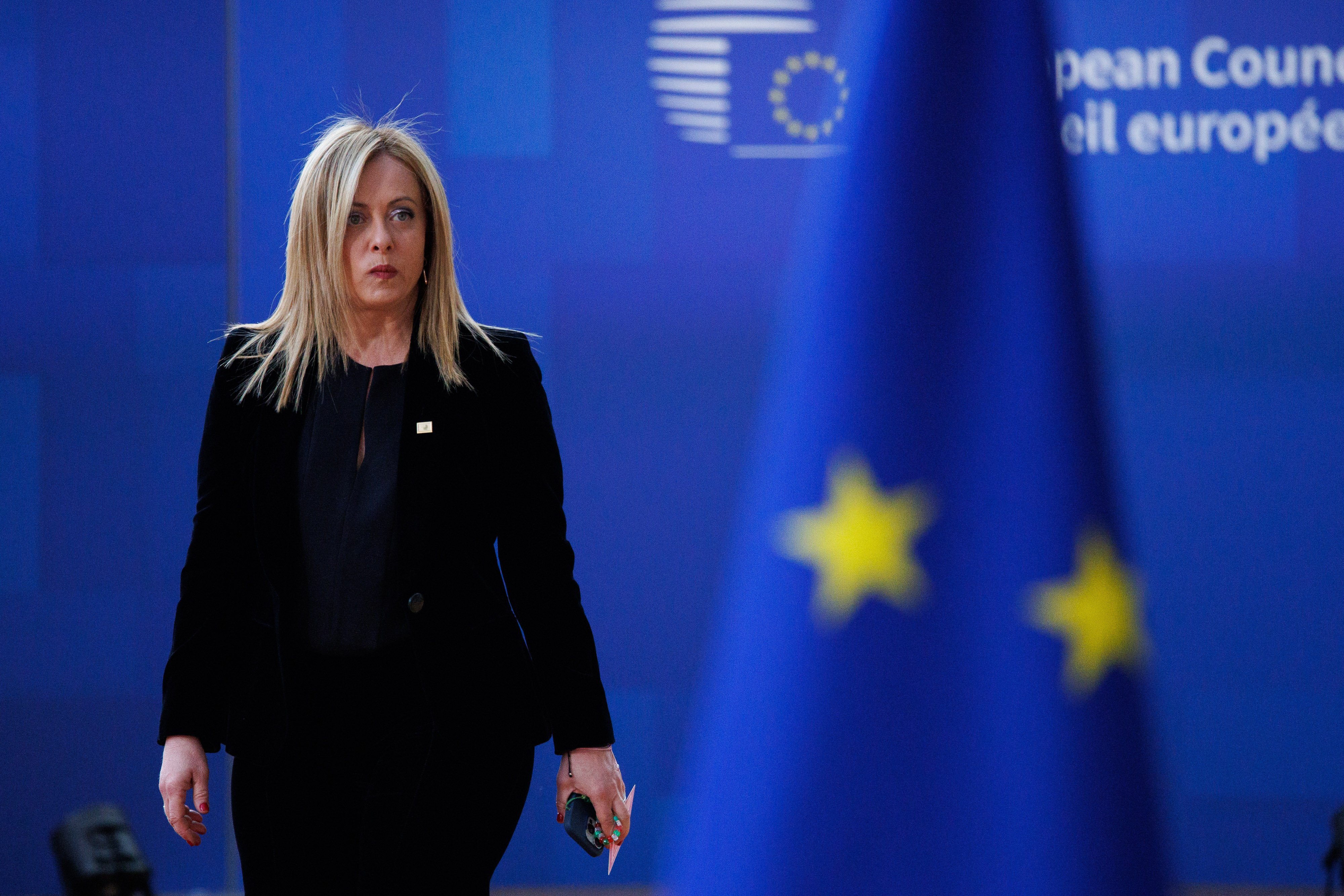 La présidente du Conseil italien, Giorgia Meloni à Bruxelles, le 23 mars 2023. © European Union, 2024