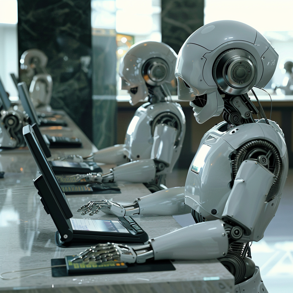 “Des robots travaillent à la banque” (Qant, M. de R. avec Midjourney)
