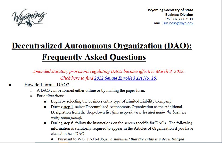 Capture d'écran du site de l'Etat du Wyoming dédié aux DAO https://sos.wyo.gov/Business/Docs/DAOs_FAQs.pdf&nbsp; <br>