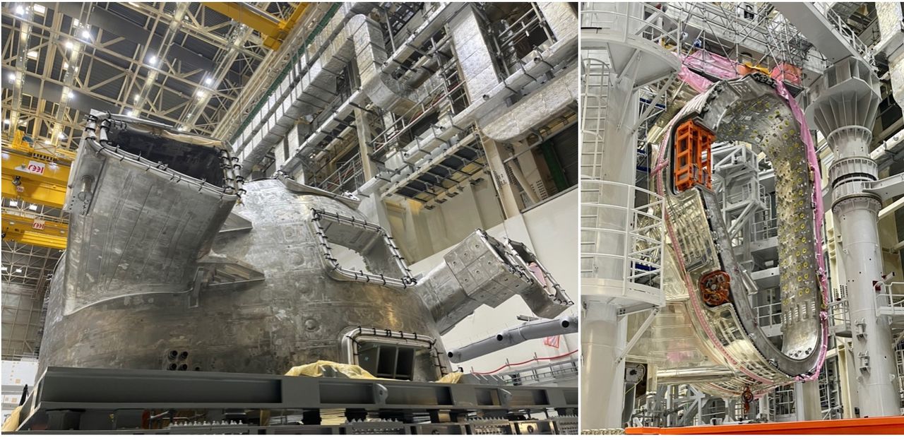 Deux pièces géantes du tokamak proches de l’assemblage.&nbsp;