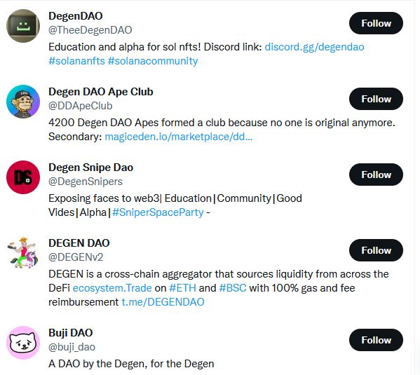 Capture d'écran Twitter présentant des comptes de DAO dédiées aux DeGens<br>