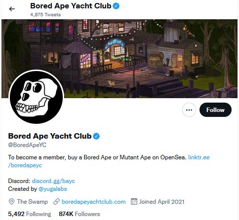 Page de Bored Ape Yacht Club sur Twitter (Accessible sur : https://twitter.com/BoredApeYC)