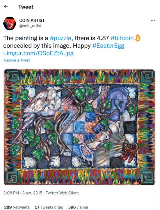 Tweet de coin_artist, premier puzzle Bitcoin, 2015<br>