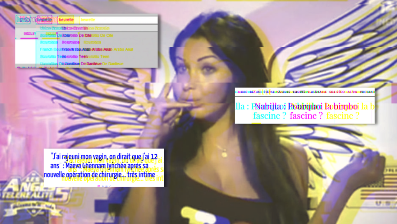Montage effectué à partir d'une capture d'écran de Nabilla dans les Anges 5, des tendances Pornhub du mot beurette et de deux articles sur internet.