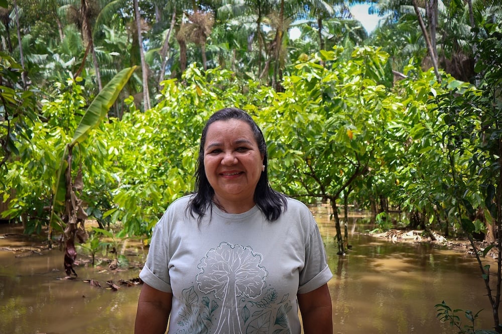 Du fait de la pleine lune, la marée du fleuve est venue envahir la plantation de la chocolatière le jour du reportage (c) Dany Neves pour Station Amazonie