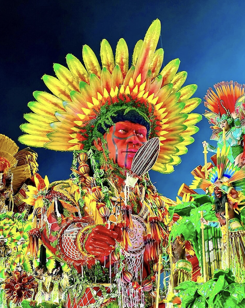 Char inspiré par la cosmogonie Yanomami, lors du défilé de l'école de samba Salgueiro (c) Pri Amaral