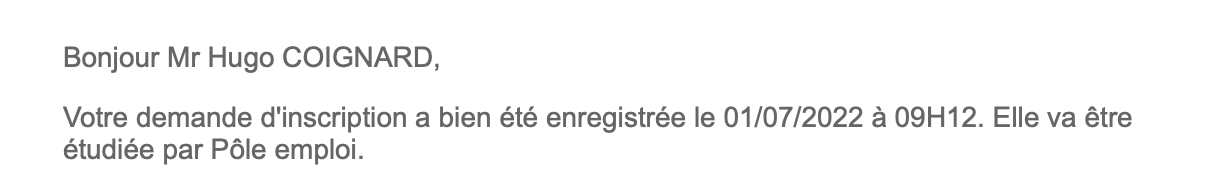 Capture d'écran du mail envoyé par Pôle Emploi après mon inscription.
