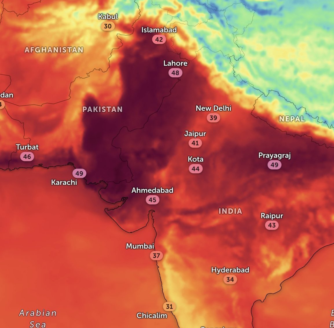 Des températures jusqu'à 49 °C ont été enregistrées dans la plus grande ville du pays, Karachi, à l'est de cette carte.