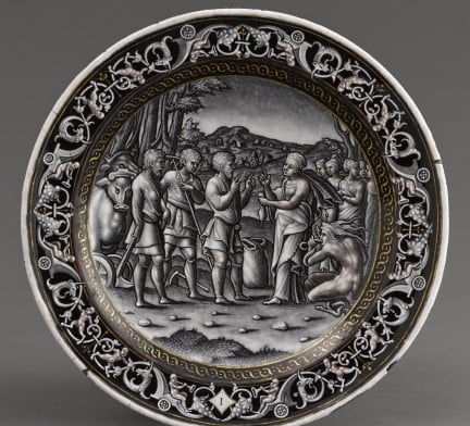 Assiette peinte par l'émailleur Pierre Reymond au XVIème siècle représentant une autre version du mythe. Ici, Ino empoisonne le grain. 