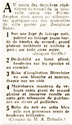 Croquis d'ensembles portés par Joséphine Baker aux Folies Bergère. Crédits : journal L'Aurore, 2 mars 1949.