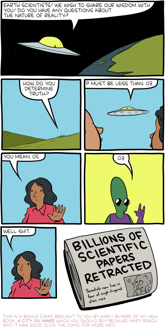 Scientifique de la terre, nous voulons partager nos connaissances avec vous. Avez vous une question sur la nature de la réalité ? - Comment déterminez vous la vérité ? - P doit être inférieur à .03 - Tu veux dire .05 ? - .03 - Oh merde (Image d'un journal indiquant que des milliards d'articles scientifiques sont rétractés).