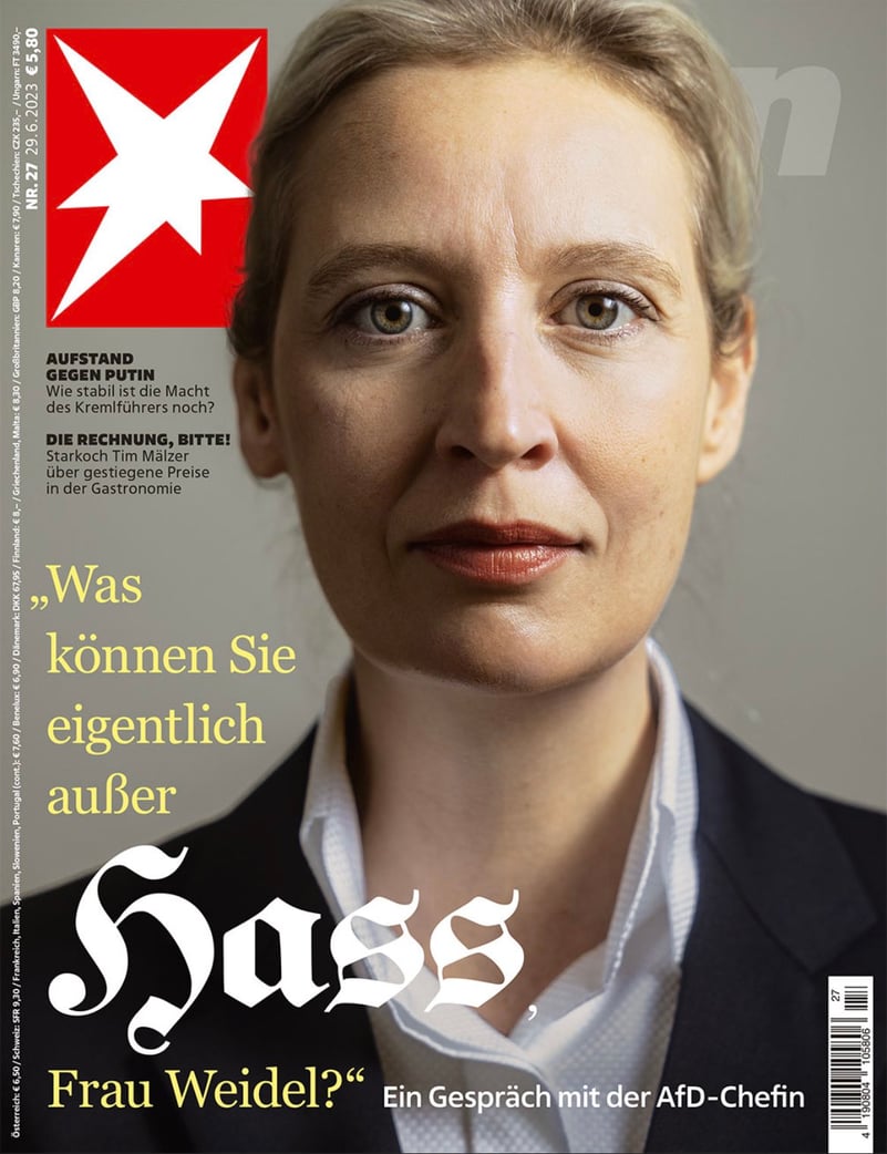 La dernière une du magazine avec la dirigeante de l'AfD : "Qu'avez-vous d'autre à proposer que de la haine, Madame Weidel ?"