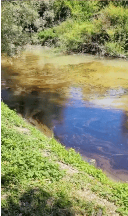 Capture d'écran de la vidéo montrant le fioul dans la rivière l'Aisne, le 25 juin 2023 à Évergnicourt.
