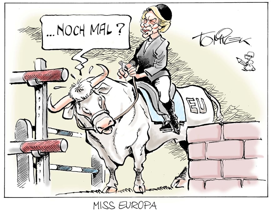 "Encore" (la caricature fait référence à la passion équestre d'Ursula von der Leyen)