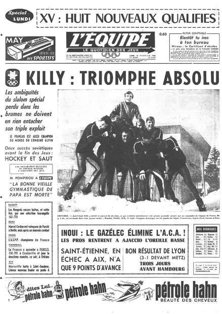 Une de l'Équipe, 19 février 1968.