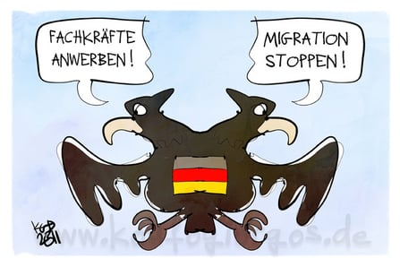 politique migratoire avec l'aigle allemand à deux têtes : recrutement de main d'oeuvre qualifiée et lutte contre l'immigration illégale