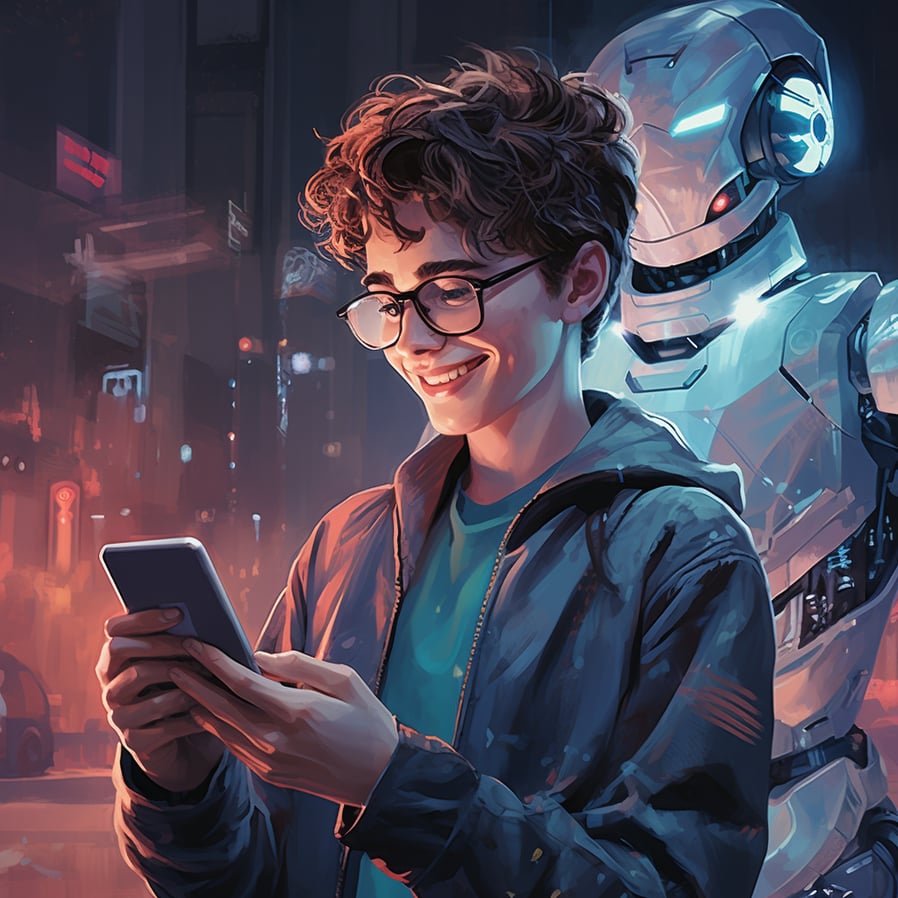 “Le robot surveille le smartphone” (Qant, M. de R. avec Midjourney)