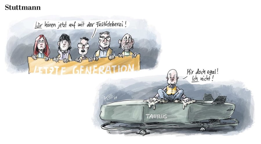 Les activistes du climat de "Dernière Génération" ne veulent plus se coller au bitume. Scholz, lui, ne lâche pas son missile Taurus