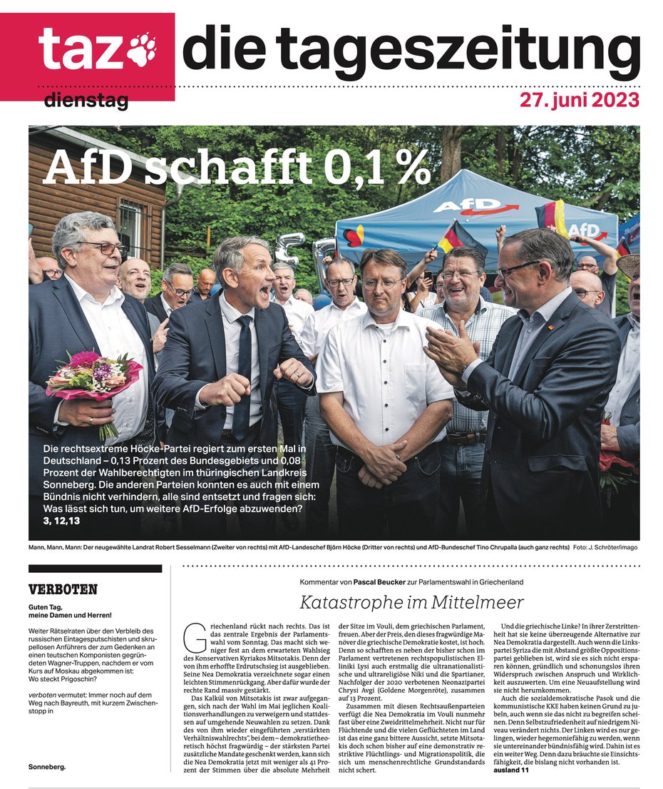 "L'AfD fait 0,1%" titrait le quotidien de gauche pour évoquer le pourcentage du territoire allemand concerné par la victoire du parti.