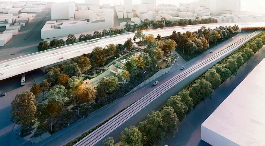 Vue aérienne du futur parc funéraire, qui longe le périphérique (19e)