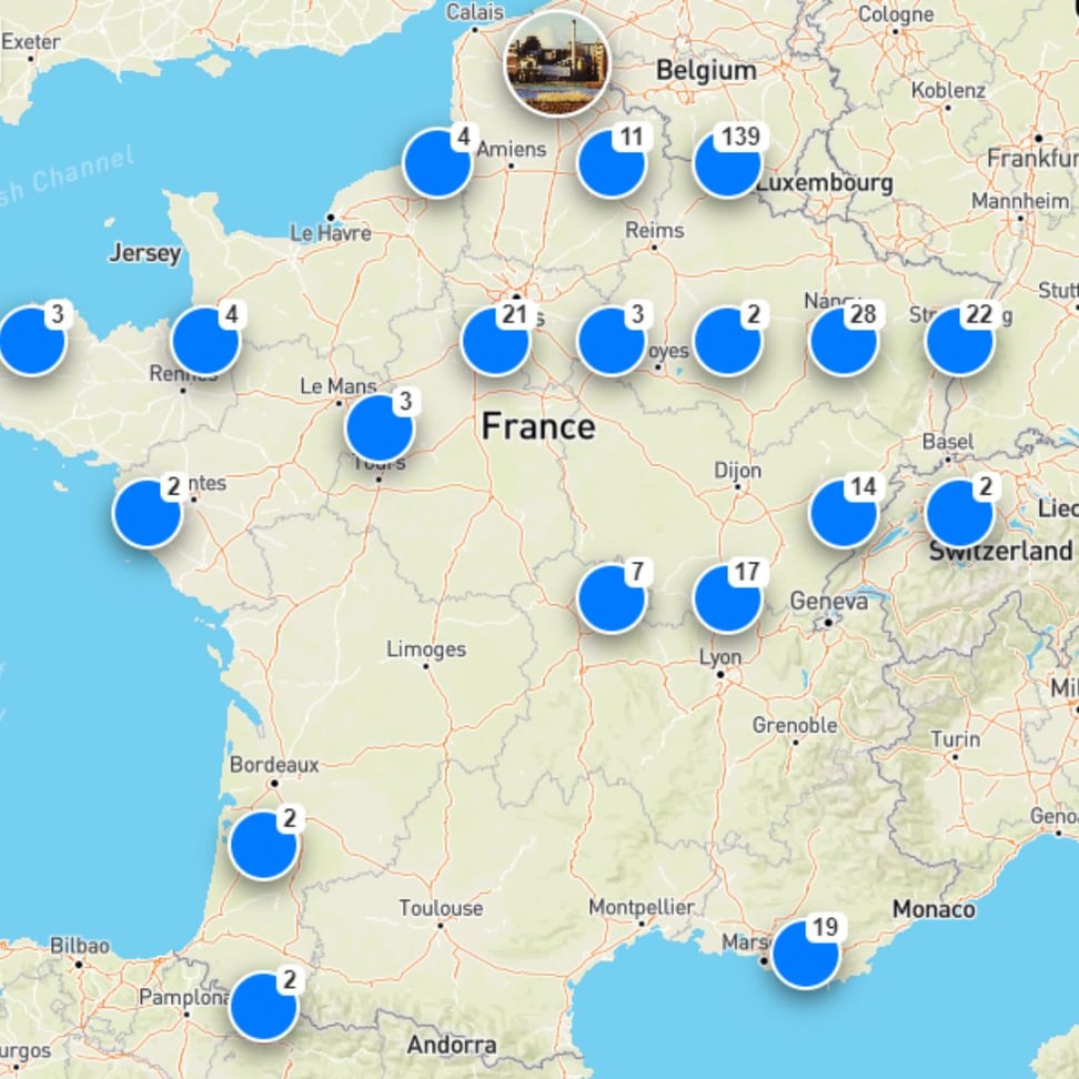 Carte de France, avec le nombre d'objets référencés avec le mot-clé "bière"
